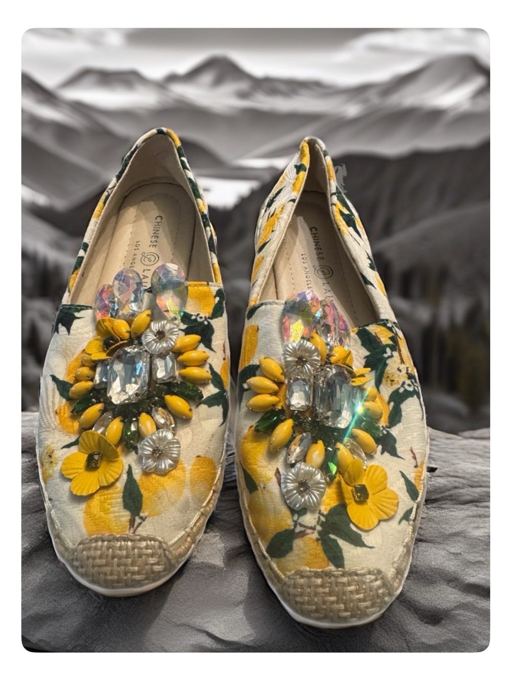 Chinese Laundry Yellow Floral Jeweled Slip-On Espadrilles